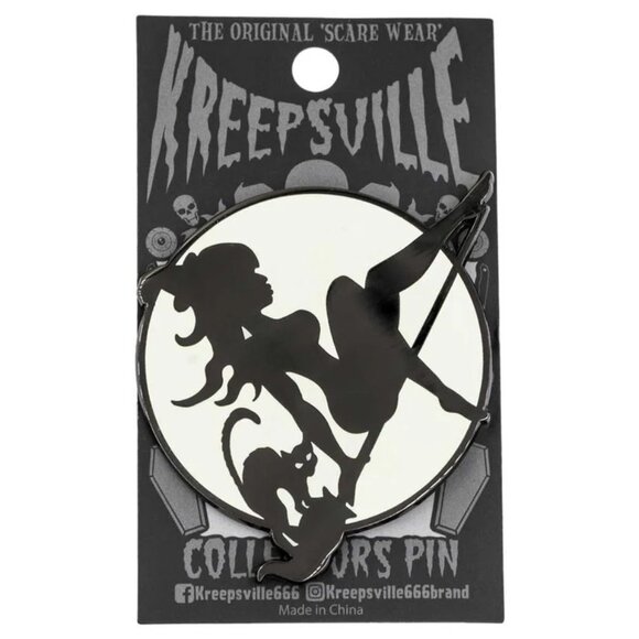 Moon Witch Cat Glow in the Dark Enamel Pin Kreepsville Halloween Brooch New - Picture 1 of 4